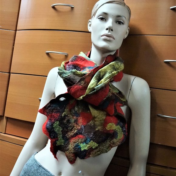 BATIK SILK FELTED WOOL TRIM HUGE SHAWL HANDMADE GIFT FOR WOMEN - Picture 11 of 16